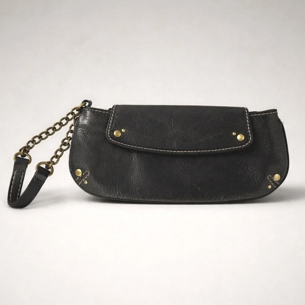 Fossil Wristlet‎ Clutch Womens Small Black Excellent Leather Chain Studded Y2K